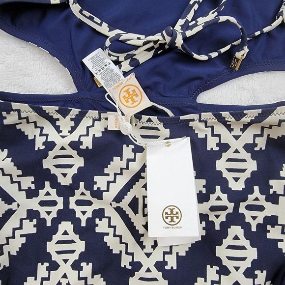 Tory Burch Blue White Tapestry Geometric Cut Out One Piece Swimsuit Size XS - Picture 11 of 14